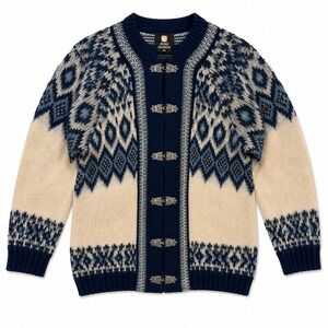 Fjord Fashion Norwegian Wool Cardigan Sweater Blue Whit Nordic Pewter Clasp Knit